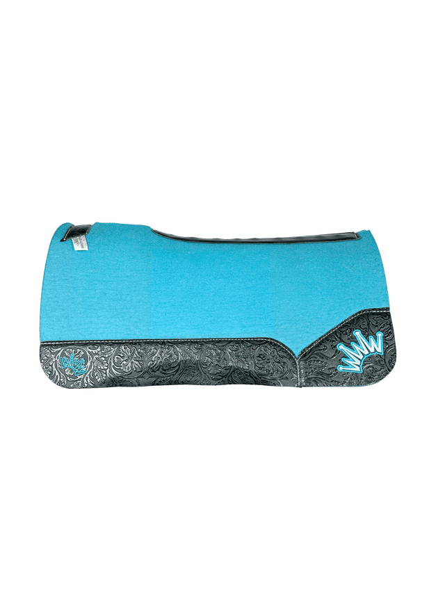 The Kush Turquoise Saddle Pad with Black Floral leather and a Turquoise & Light Turquoise Embroidered Crown
