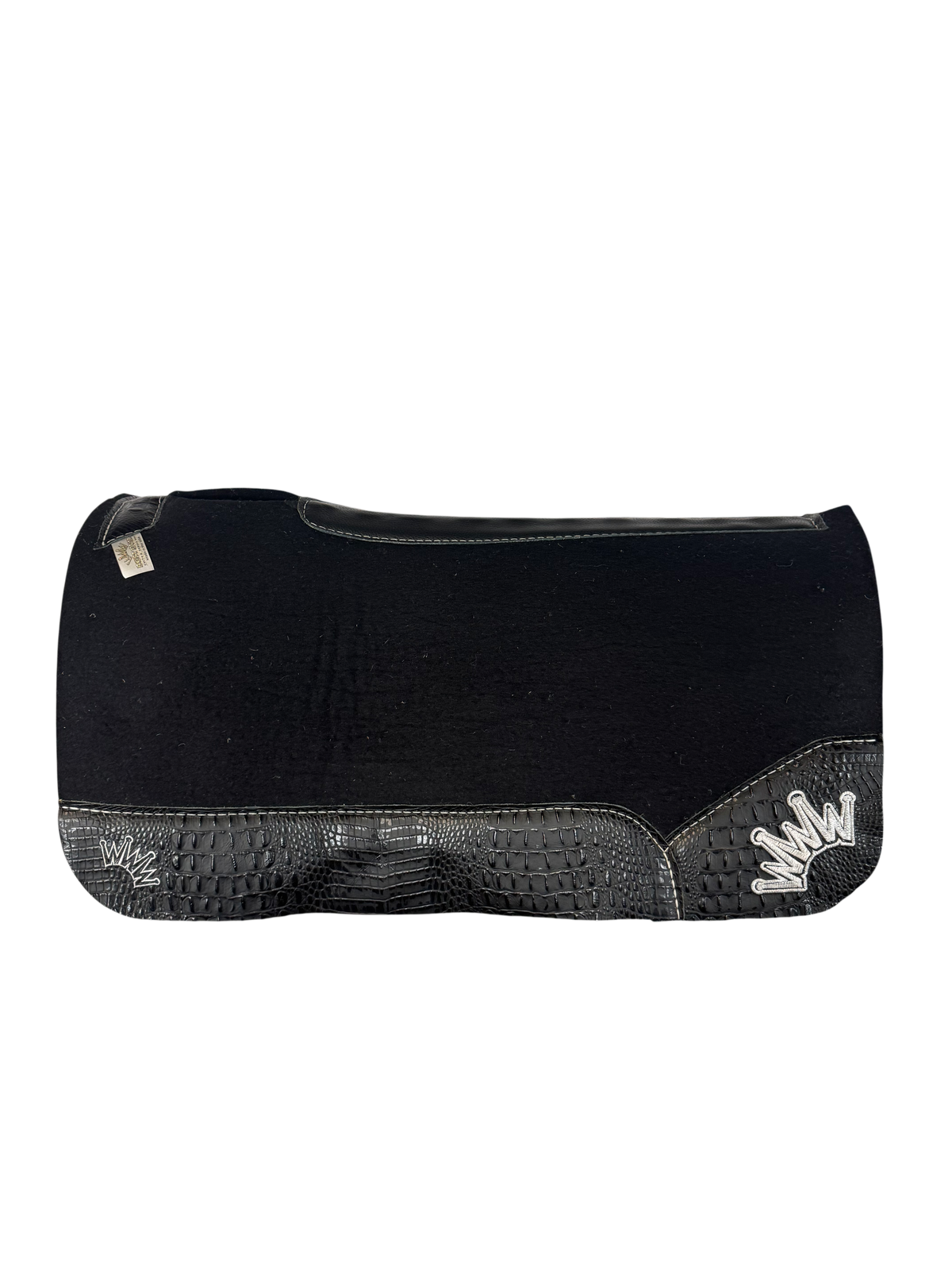 Black Kush Saddle Pad with Black Crocodile Leather - Crown in White Embroidery