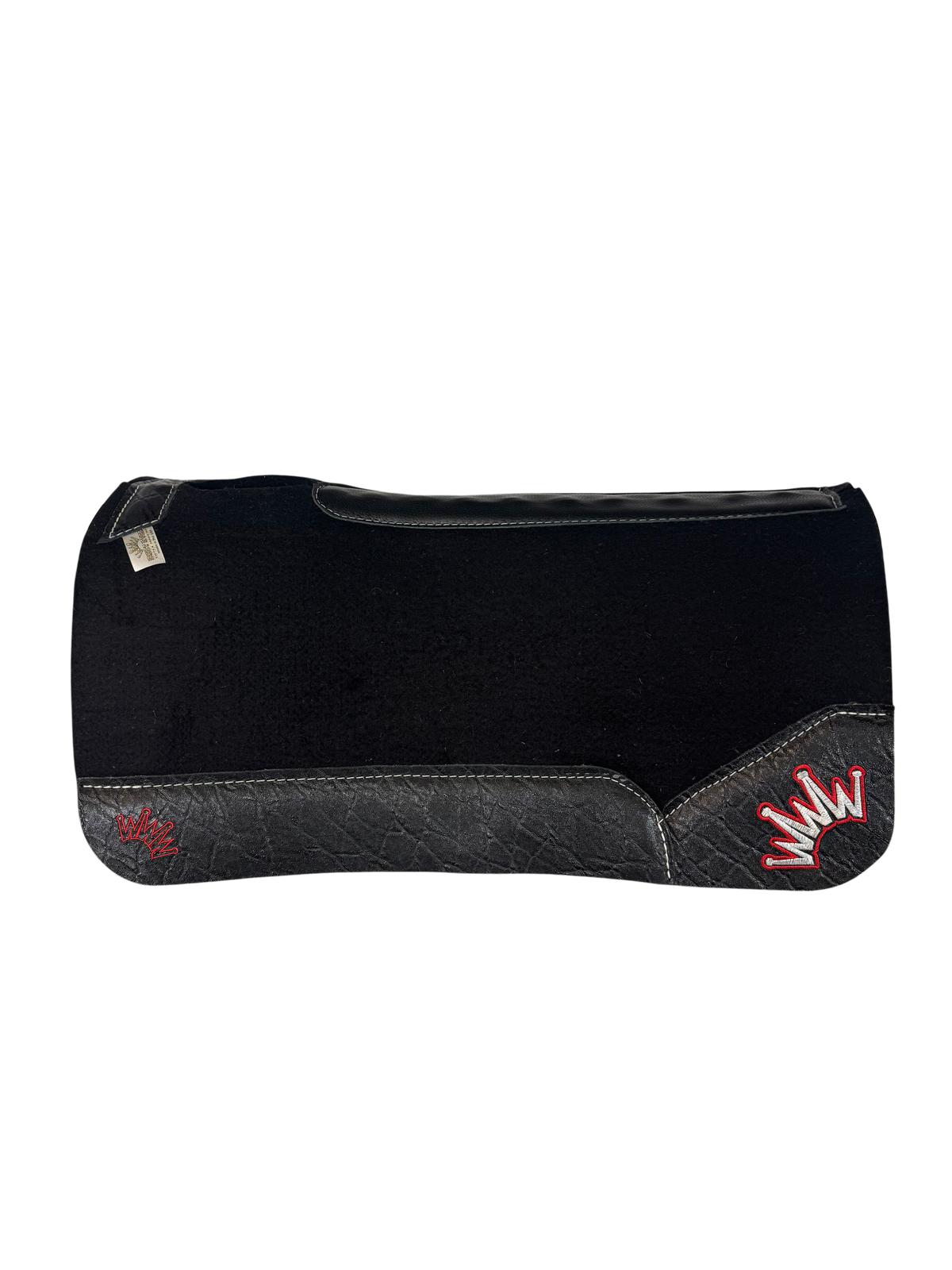 Black Kush Saddle Pad with Black Elephant Leather - Crown in Red & White Embroidery