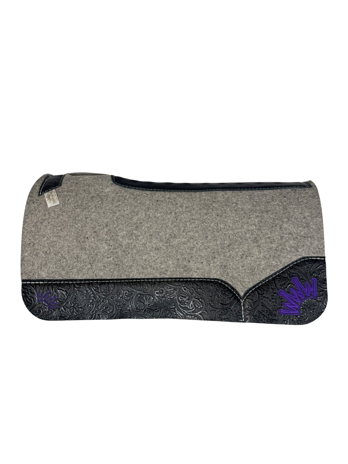 Gray Kush Saddle Pad with Black Floral Leather - Crown in Purple Embroidery