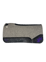 Gray Kush Saddle Pad with Black Floral Leather - Crown in Purple Embroidery