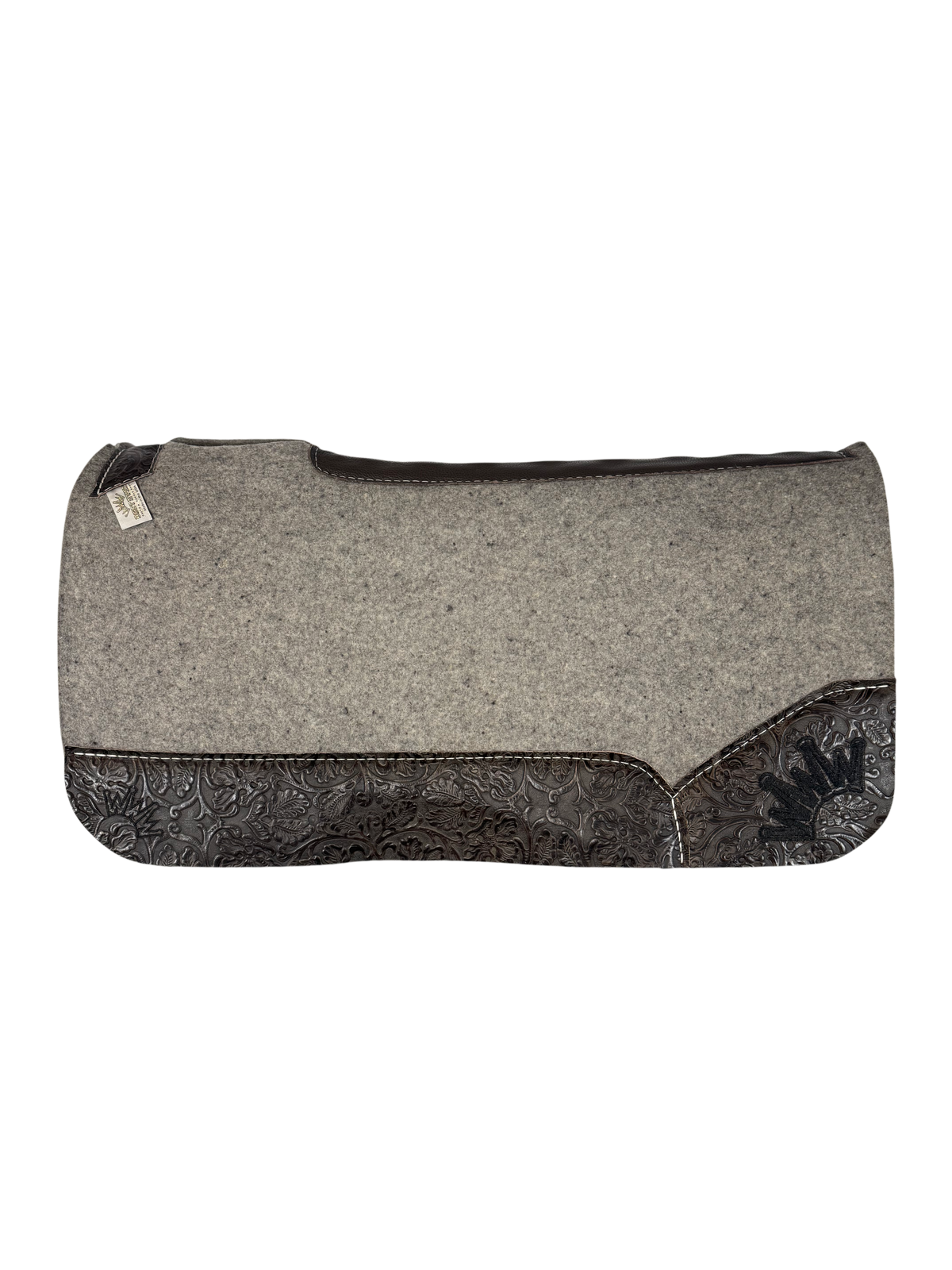 Gray Kush Saddle Pad with Chocolate Floral Leather - Crown in Black Embroidery
