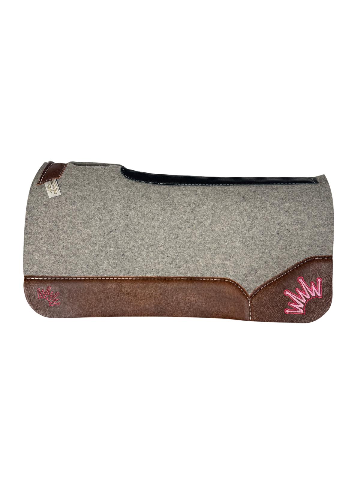 Gray Kush Saddle Pad with Oak Nut Leather- Crown in Hot Pink Bubblegum Embroidery