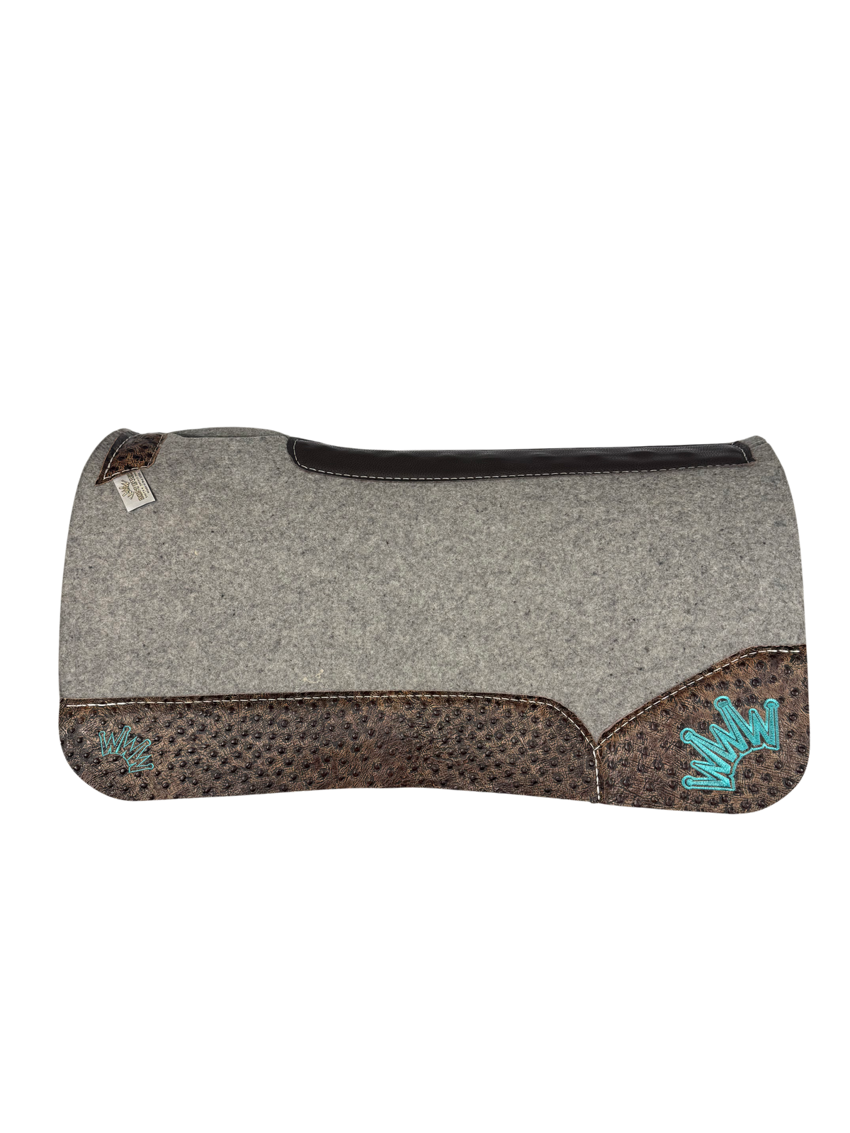 Gray Kush Saddle Pad with Ostrich Mocha Leather - Crown in Teal Embroidery