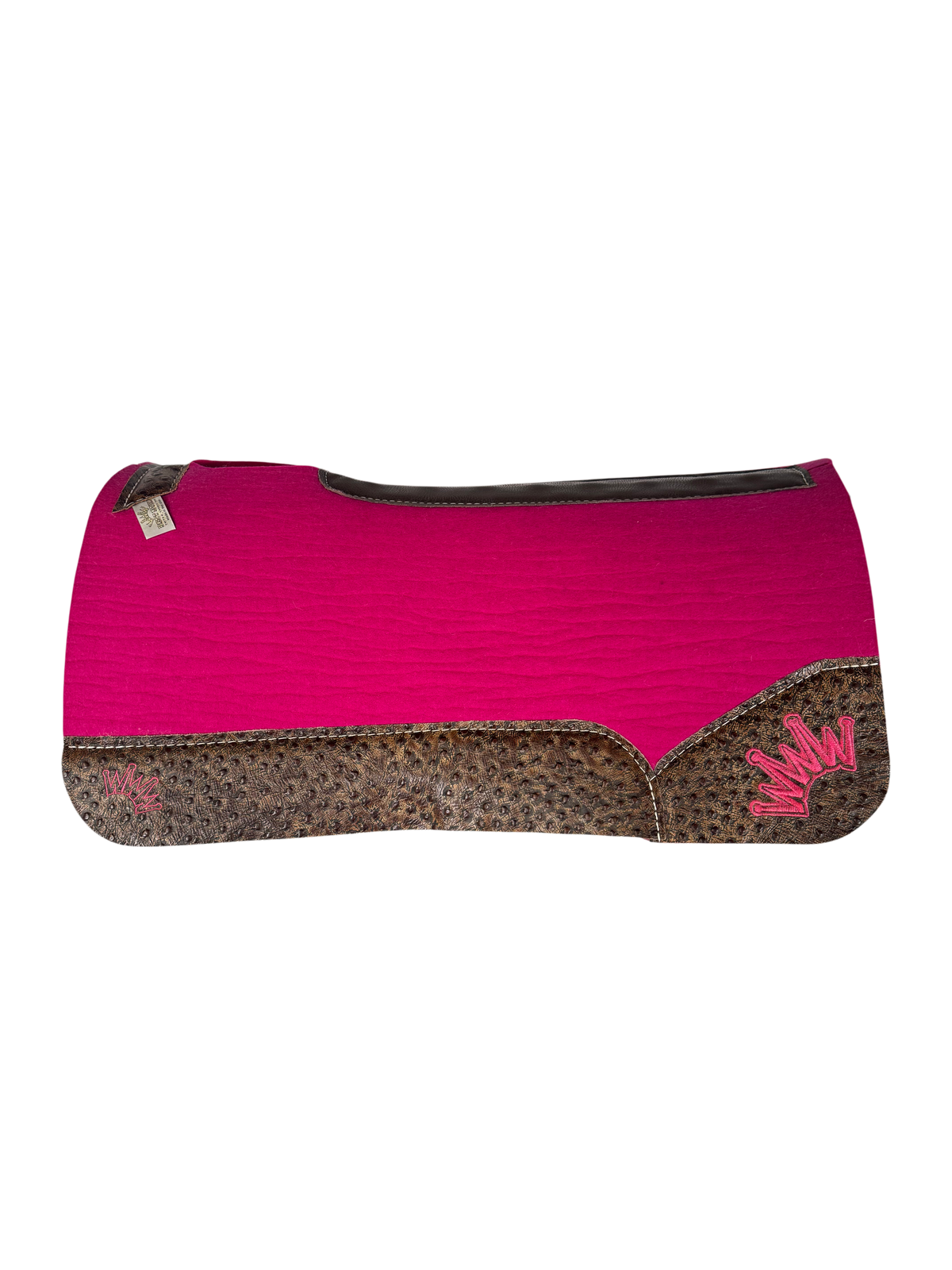 Pink Kush Saddle Pad with Ostrich Mocha Latte Leather - Crown in Pink Embroidery