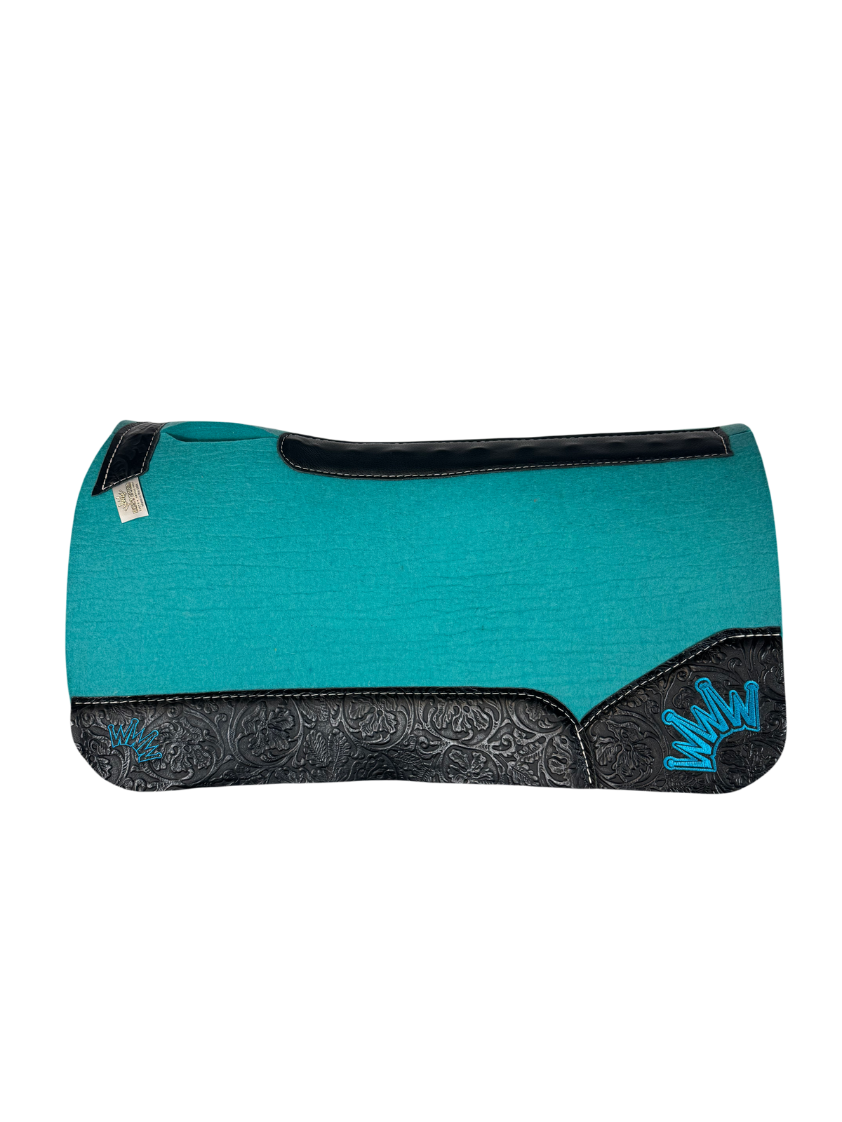 Turquoise Kush Saddle Pad with Black Floral Leather- Crown in Turquoise Embroidery