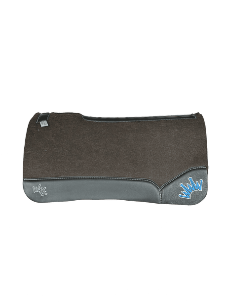 The OG Dark Grey Saddle Pad with Black Leather and a White & Blue Embroidered Crown