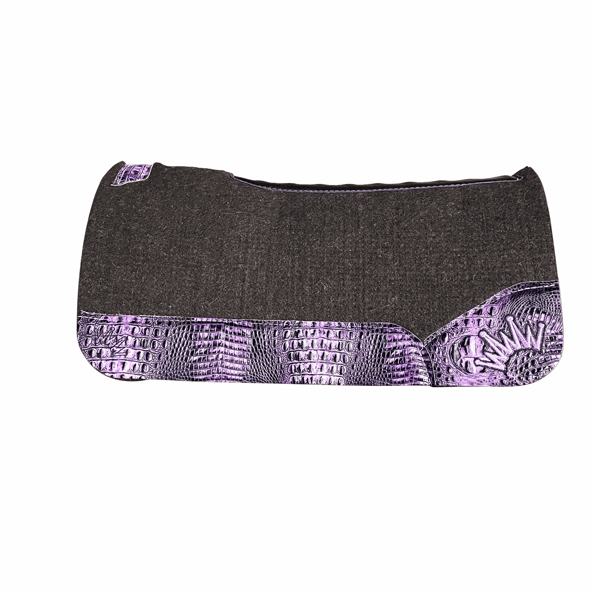 The OG Dark Grey Saddle Pad with Deep Purple Crocodile Reptile Leather and a Black & Violet Embroidered Crown