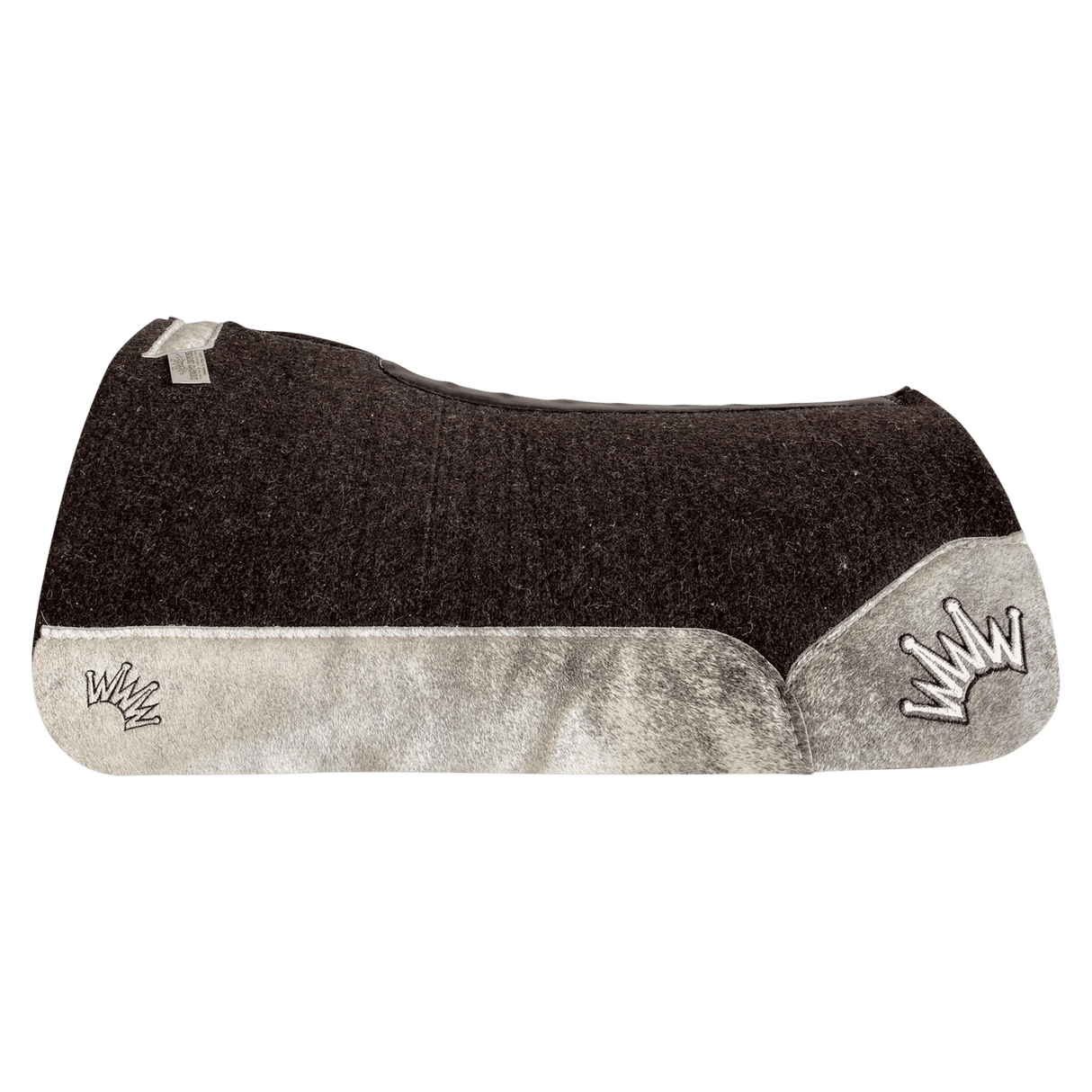 The OG Dark Grey Saddle Pad with Gray Brindle Cowhide Leather and a Black & White Embroidered Crown