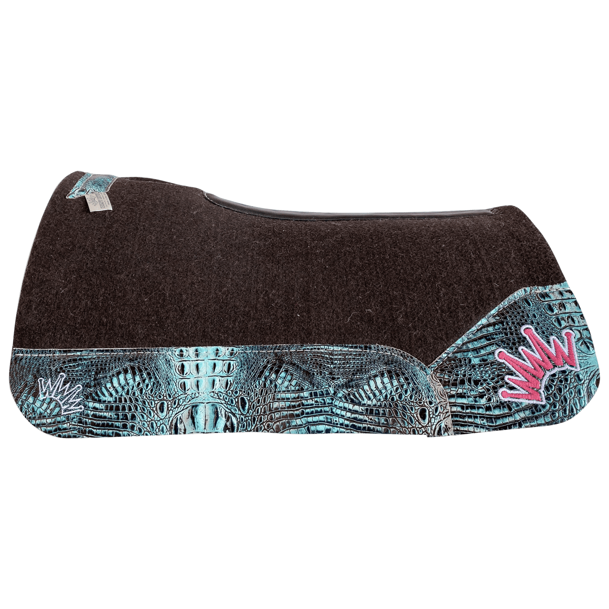 The OG Dark Grey Saddle Pad with See Turquoise Crocodile Reptile Leather and a White & Hot Pink Embroidered Crown