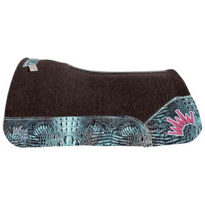The OG Dark Grey Saddle Pad with See Turquoise Crocodile Reptile Leather and a White & Hot Pink Embroidered Crown