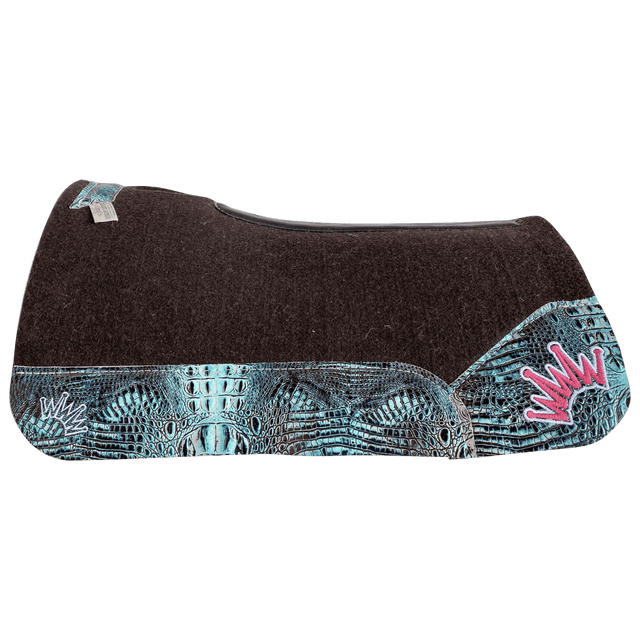 The OG Dark Grey Saddle Pad with See Turquoise Crocodile Reptile Leather and a White & Hot Pink Embroidered Crown
