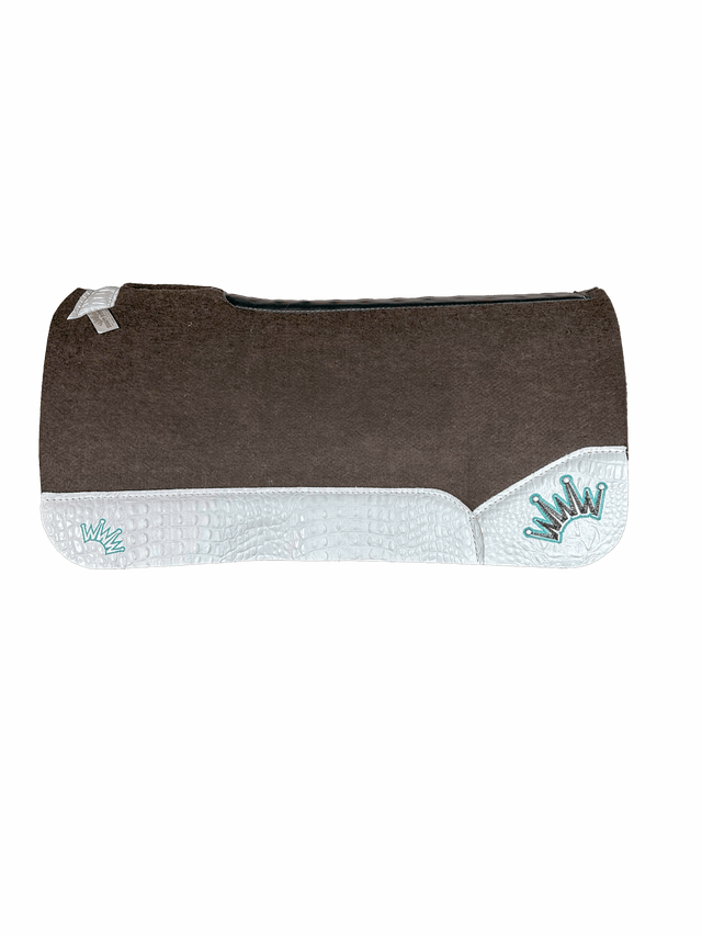 The OG Dark Grey Saddle Pad with White Crocodile Reptile Leather and a Teal & Black Embroidered Crown with Crown Crystal Tips