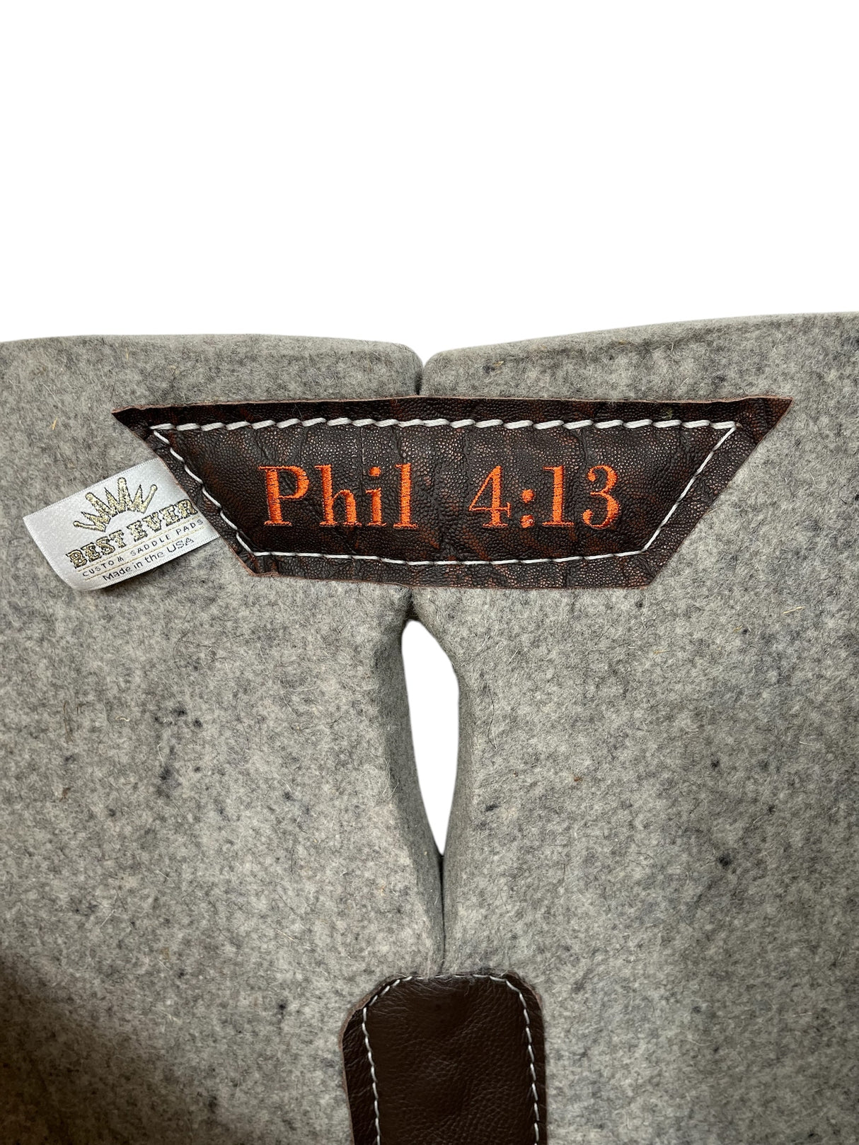 Gray Kush Saddle Pad with Chocolate Elephant - Crown in Rust Embroidery with Cross Embroidery on Bars & Top Wither Embroidery