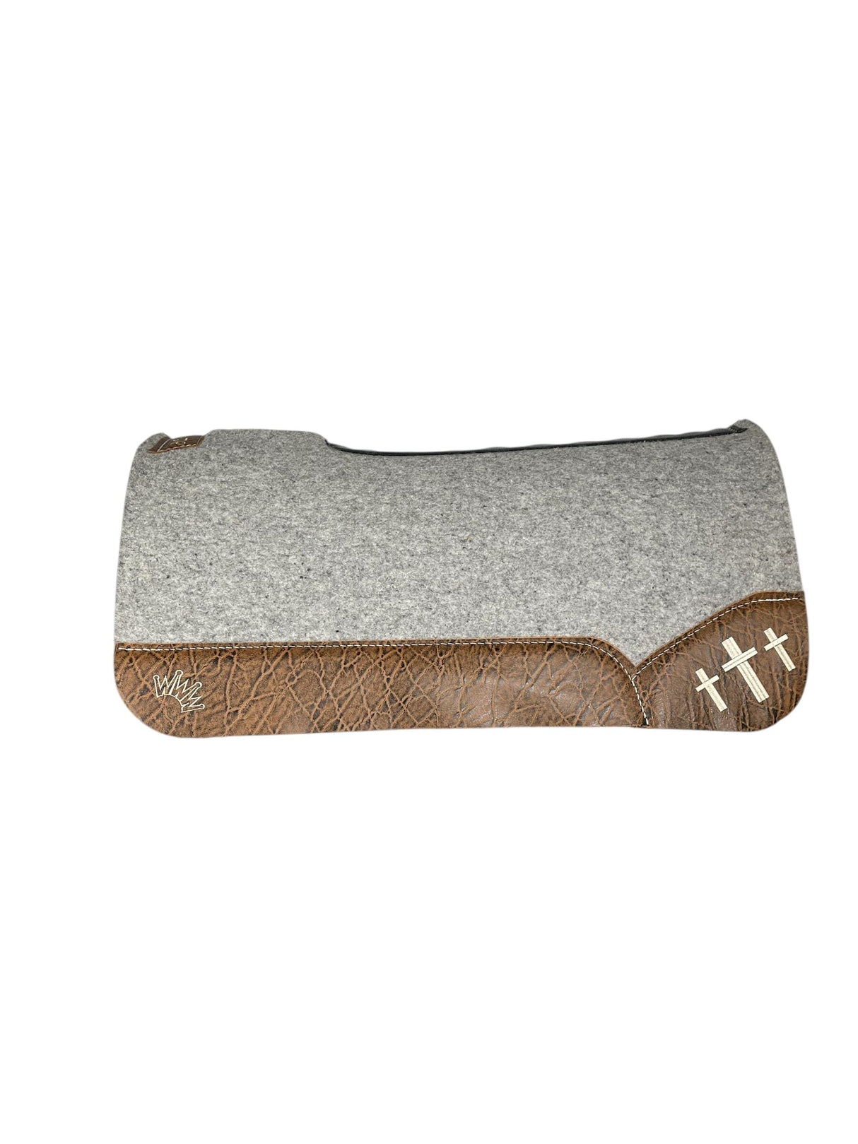 Gray Kush Saddle Pad with Vintage Peat Elephant - 3 Crosses in Beige Embroidery with Matt. 19:26 on Wither Strap