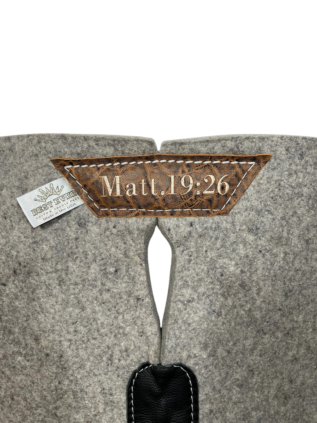 Gray Kush Saddle Pad with Vintage Peat Elephant - 3 Crosses in Beige Embroidery with Matt. 19:26 on Wither Strap