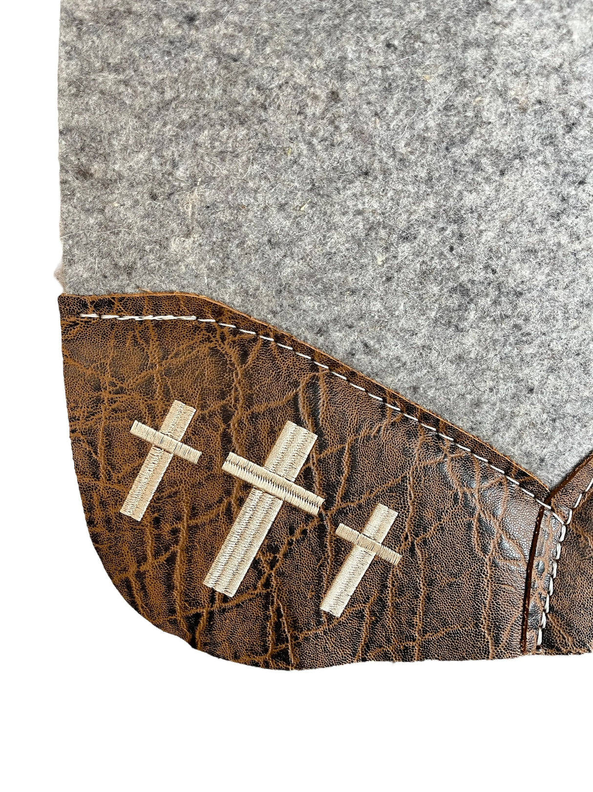 Gray Kush Saddle Pad with Vintage Peat Elephant - 3 Crosses in Beige Embroidery with Matt. 19:26 on Wither Strap