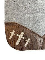 Gray Kush Saddle Pad with Vintage Peat Elephant - 3 Crosses in Beige Embroidery with Matt. 19:26 on Wither Strap