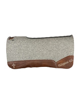 Gray Kush Saddle Pad with Oak Nut Leather - Philippians 4:13 in Beige Embroidery with Cross Embroidery on Bars