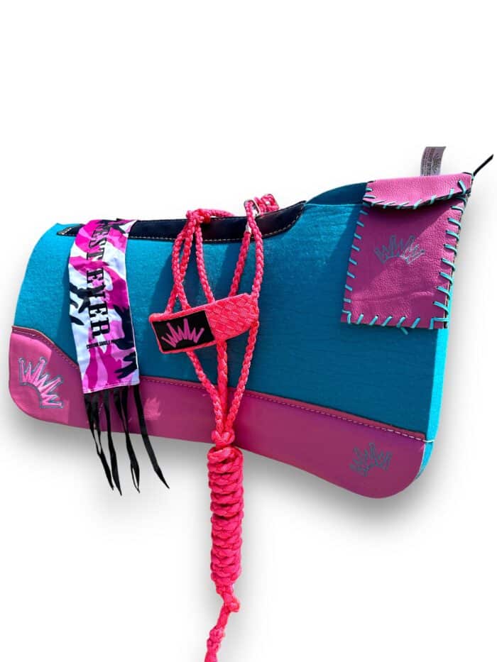 turquoise pad with pink leather and camo pink tail bag, hot pink halter and pink phone holder
